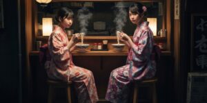 기모노를 입고 포장마차에 앉아서 일본 우동을 먹고 있는 일본인 10대 아름다운 소녀들