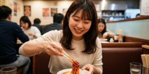 식당 중간 앉아서 고추장에 국수를 맛있게 비벼먹는 일본인 20대 여성